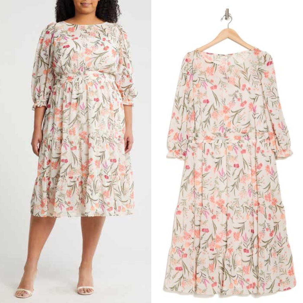 New Eliza J Ivory Chiffon Floral Long Sleeve Smocked Ruffle Hem Midi Dress 18w